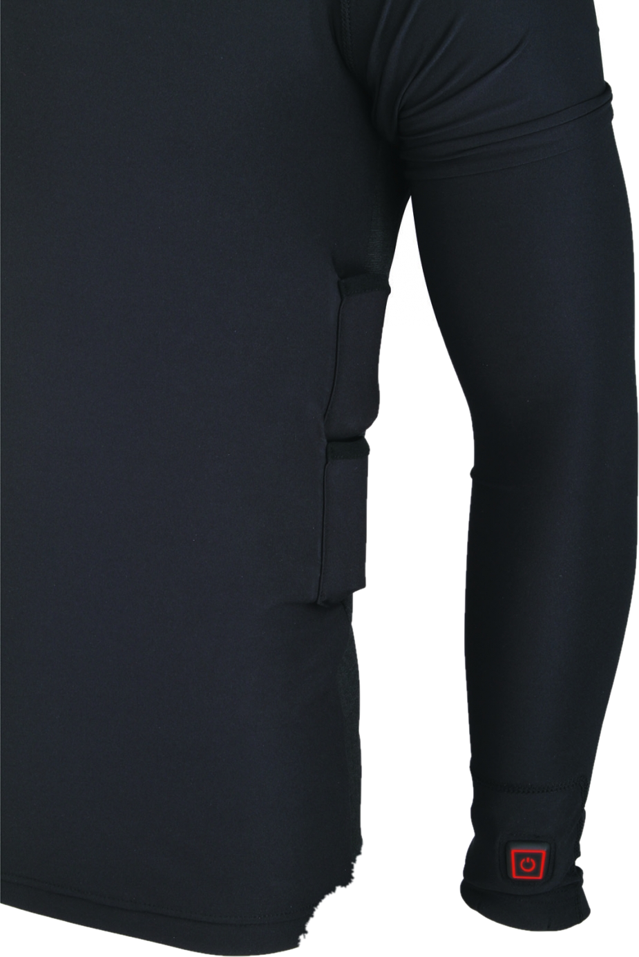 Das Thermo Undershirt besitzt 2 Akkus und der Ein- und Ausschaltknopf befindet sich in der Nähe des Handgelenks.